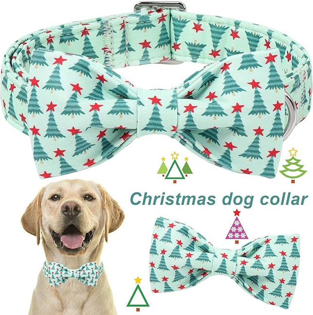 ARING PET Christmas Dog Collar with Bow, Cute Xmas Green Christmas Tree Bowtie Pet Collars for Puppy Small Medium Large Girl Boy Dogs-XS