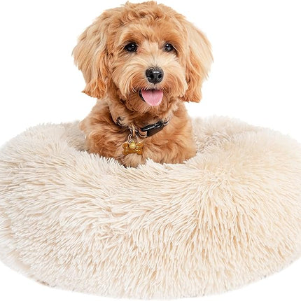 nononfish Puppy Bed for Small Dogs Washable Calming Cat Beds for Indoor Cats Anti-Slip Round Fluffy Plush Faux Fur fits up to 25 lbs Pets,23 inches Beige