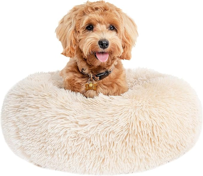 nononfish Puppy Bed for Small Dogs Washable Calming Cat Beds for Indoor Cats Anti-Slip Round Fluffy Plush Faux Fur fits up to 25 lbs Pets,23 inches Beige