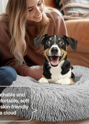 Cat Bed - Calming Cat Bed for Small Kittens Donut Washable Round for Indoor Kittens and Puppies, Anti-Slip Round Fluffy Plush Faux Fur, Medium, Light Grey