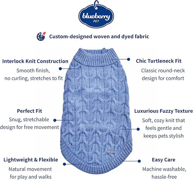 Blueberry Pet Classic Fuzzy Textured Knit Pullover Crew-Neck Dog Sweater in Heather Blue, Back Length 16", Pack of 1 Clothes for Dogs