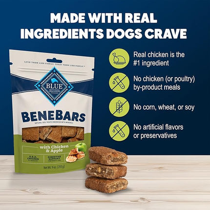 Blue Buffalo BeneBars Digestive Support Dog Treats with Prebiotic Fiber, Made with Natural Ingredients, USA Chicken & Apple, 9-oz Bag