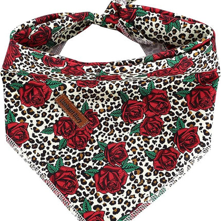 Lionheart glory Dog Bandana 1 Pack Washable Soft Cotton Rose Leopard Bibs Scarf, Adjustable Kerchief Square Dog Bandanas for Small Dogs