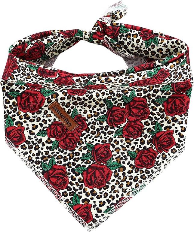 Lionheart glory Dog Bandana 1 Pack Washable Soft Cotton Rose Leopard Bibs Scarf, Adjustable Kerchief Square Dog Bandanas for Large Dogs