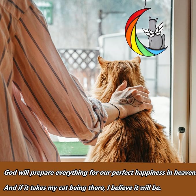 Grey Cat Memorial Gifts for Loss of Cat Sympathy Suncatcher, Rainbow Bridge Pet Memorial Bereavement Gifts, Stained Glass Window Hangings for Pet Lovers Loss