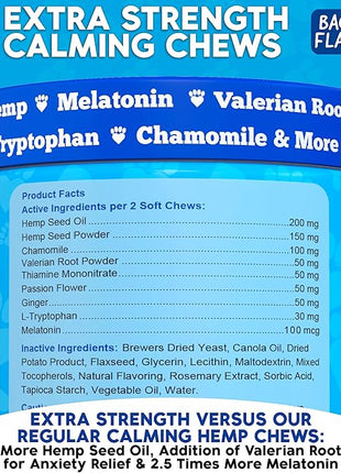 Calming Chews for Dogs - Dog Calm Treats, Made in USA, Vet Recommended, Behavior Support with Melatonin & Hemp, Stress, Separation, Fireworks, Travel, Extra Strength