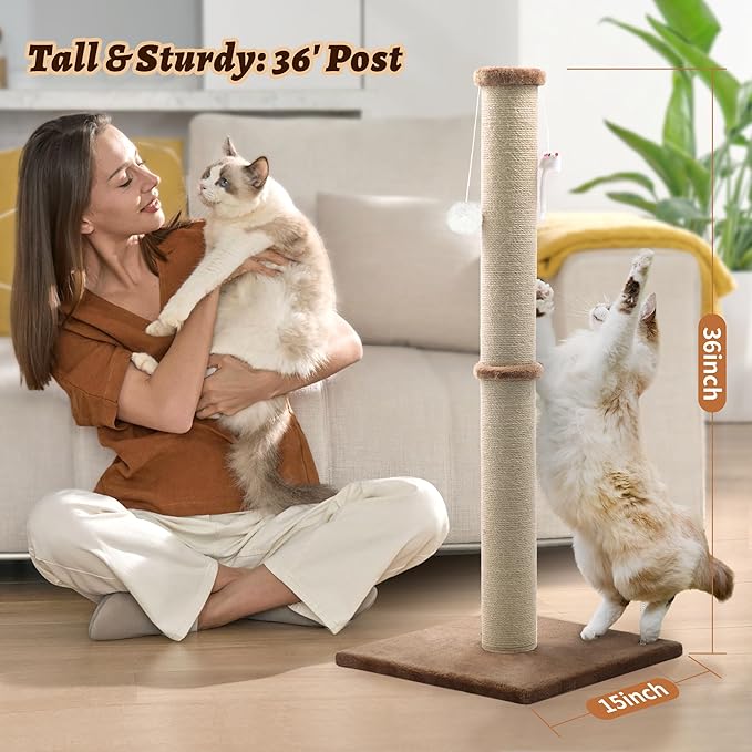 36'' Tall Cat Scratching Post, Large Sisal Scratch Post for Indoor Cats, Sturdy Cat Scratcher Tower, Vertical Cat Scratch Pole, Modern Cat Furniture for Kittens & Adult Cats (Brown)