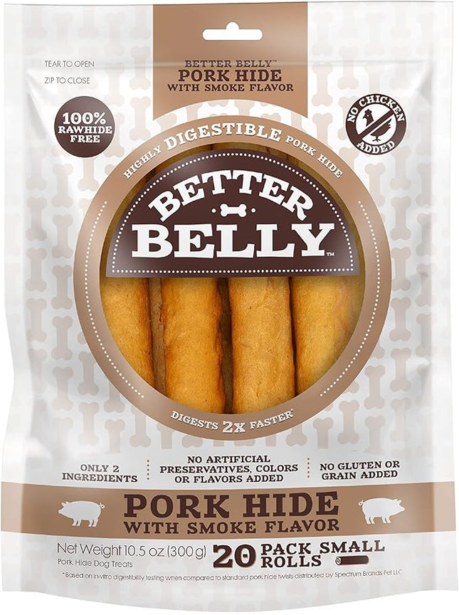 Better Belly Pork Hide Rolls with Smoke Flavor Small, 20 Count, Digestible Pork Hide for Dogs (P-94453)
