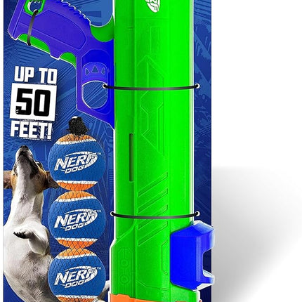 Nerf Dog Tennis Ball Blaster Dog Toy Gift Set, Tennis Ball Dog Fetch Toy Launches up to 50 ft, Dog Ball Thrower for All Breeds Includes Green Tennis Ball Launcher and 3 Dog Tennis Balls