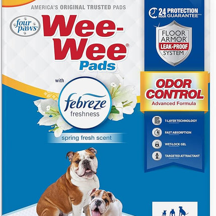 Four Paws Wee-Wee Odor Control with Febreze Freshness Pee Pads for Dogs & Puppies, Leak-Proof Dog Housebreaking Potty Training Floor Protection, Spring Fresh Scent, 22" x 23", 10 Count