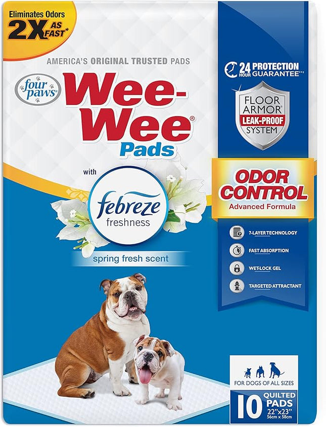 Four Paws Wee-Wee Odor Control with Febreze Freshness Pee Pads for Dogs & Puppies, Leak-Proof Dog Housebreaking Potty Training Floor Protection, Spring Fresh Scent, 22" x 23", 10 Count