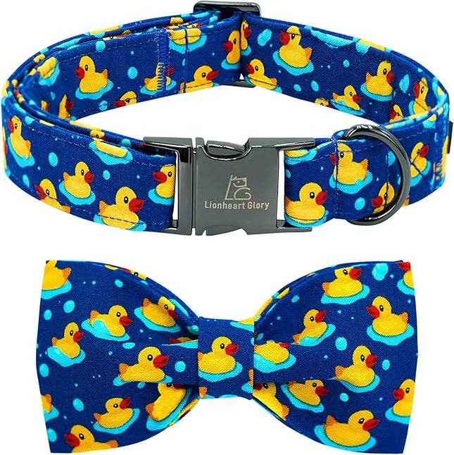 Lionheart glory Dog Bow Collar Ducky Pattern Cute Boy Collars for X-Small Dogs,Soft Duty Adjustable Dog Collar with Bowtie Spring Summer Puppy Collars Bows Pet Gift
