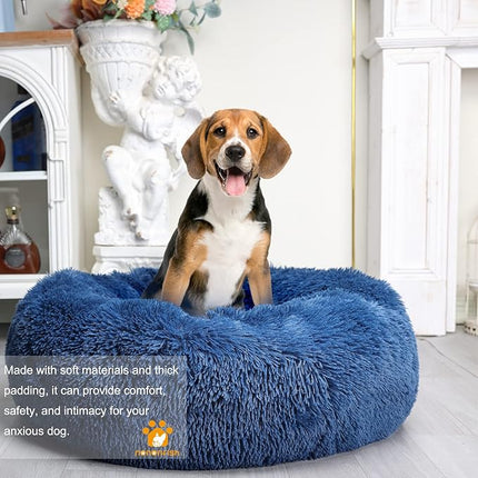 Calming Dog Bed for Medium Dogs Washable Donut 30 inches Anti-Slip Pet Bed,Round Fluffy Plush Faux Fur Cat Bed,Fits up to 45 lbs Pets,Navy Blue