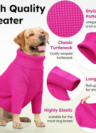 Queenmore XXL Dog Sweater, Large Dog Sweaters for Male Dogs, Turtleneck Plaid Kintsweaters for Large Breeds, Cold Weather Pullover Pet Clothes, Fuchsia 2XL