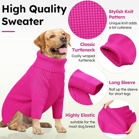 Queenmore XXL Dog Sweater, Large Dog Sweaters for Male Dogs, Turtleneck Plaid Kintsweaters for Large Breeds, Cold Weather Pullover Pet Clothes, Fuchsia 2XL