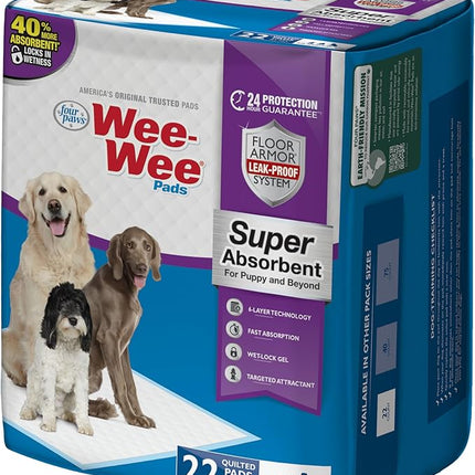 Four Paws Wee-Wee Super Absorbent Unscented Pee Pads for Dogs & Puppies with Insta-Rise Border, Leak-Proof Dog Housebreaking Potty Training Floor Protection, 24" x 24", 22 Count