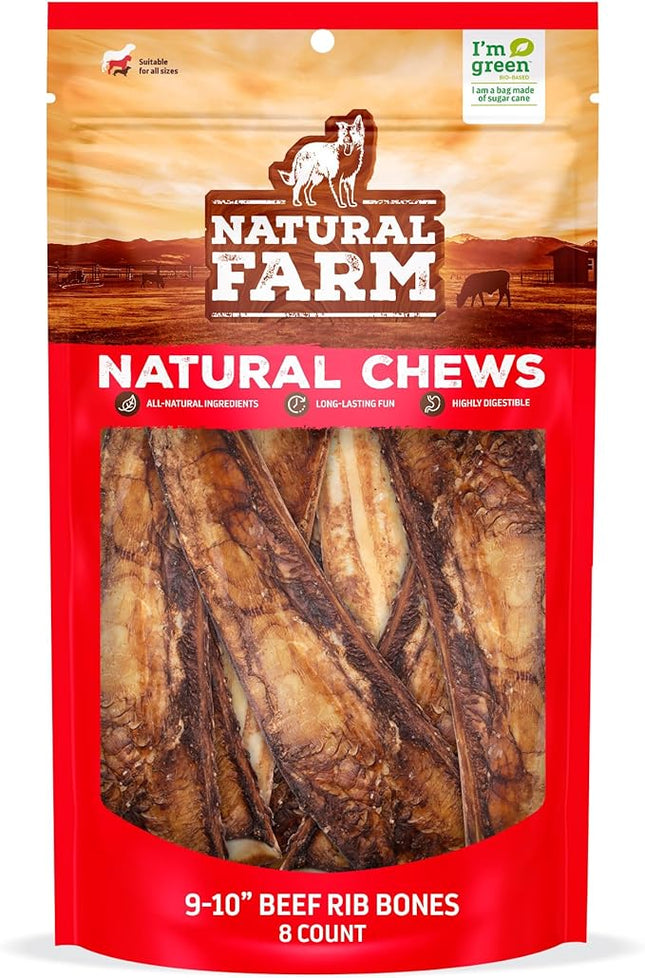 Natural Farm Rib Bones for Dogs (9-10 Inch, 8 Pack) - Beef Ribs, Farm-Raised Cattle - Slow-Roasted Flavor Treats, Promotes Dental Health, Great for Medium and Large Dogs