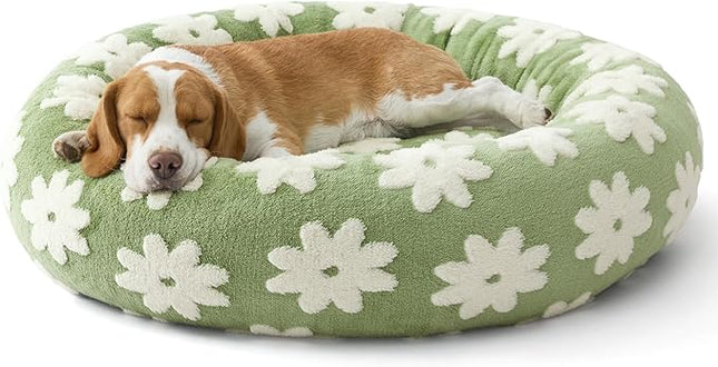 LE SURE Donut Dog Beds Large Sized Dog - Round Pet Beds for Calming Puppy with Washable Cover, Orthopedic Modern Beds with Jacquard Shaggy Plush & Anti Slip Bottom, 33 Inch，Green