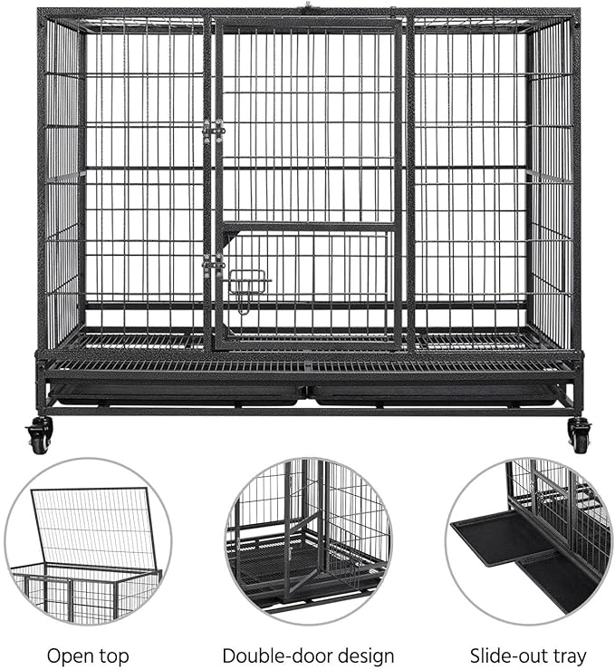Yaheetech Dog Crate 43-inch Heavy Duty Metal Dog Cage Collapsible Open Top Pet Kennel w/Double Doors & Prevent Escape Locks/Lockable Wheels/Double Tray Indoor Outdoor, Black