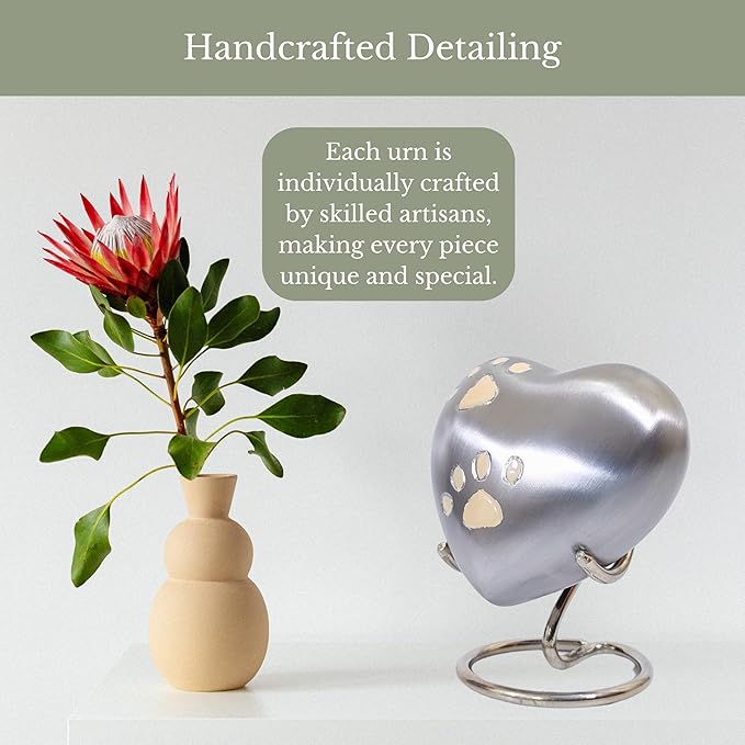 NORSE'S TRADECRAFT Pet Memorial Urn for Ashes| Heart Urn with Paw Engraved Design | Handcrafted Memorial Gifts | Pet Loss Sympathy Gift |Ashes Keepsake with Velvet Box and Stand | Silver - 3 cu in
