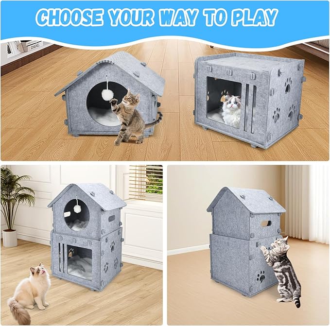 2-Storey Detachable Cat House for Indoor Cats Bed, Covered Beds & Furniture with Washable Cushioned, Cute Modern Condo for Multi Small Pet Large Kitten Kitty, Grey