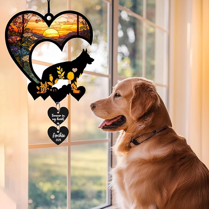 LOVELYPOD Personalized Dog Memorial Suncatcher, Custom Pet Memorial Gifts for Loss of Dog, SunCatcher Gift for Someone Who Lost a Pet, Dogs Remembrance Stained Glass, Hanging Garden Decor with Heart