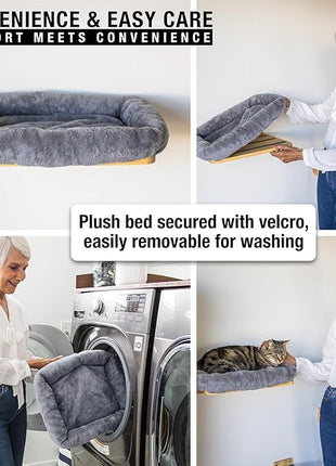 Cat Wall Shelves – Cat Wall Climber with Scratching Post, Removable Bed, Climbing Steps, and Feeding Terrace with Glass Bowls, Waterproof Rubberwood Pet Furniture