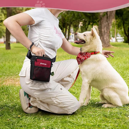 Gobeigo Dog Treat Pouch with Silicone Snack Bag, Front Pocket fits All Phones, 4 Cup Treat Bag with Training Clicker, Upgrade Stronger Magnetic Closure, 3 Ways to Wear Walking Fanny Pack (Red)