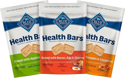 Blue Buffalo Health Bars Crunchy Dog Biscuits, Variety Pack, Bacon, Egg & Cheese, Apple & Yogurt, Pumpkin & Cinnamon, 16-oz Bags