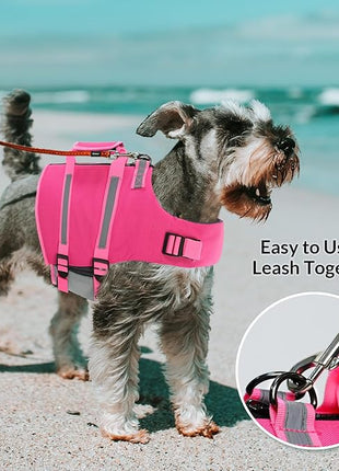 Queenmore XXL Dog Life Jacket, Floating Vest for Boating, Lightweight Adjustable Reflective Lifesaver with Back Zip, Rescue Handle, Leash Hook (Fuchsia XXL)