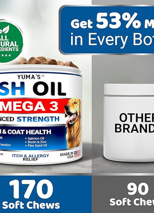 Omega 3 Fish Oil for Dogs - 170 Chews - Skin and Coat Supplement - Omega 3 for Dogs - Dry & Itchy Skin Relief Treatment - Allergy Support Dog Anti Shedding Treats - Salmon - EPA & DHA - Chicken Flavor
