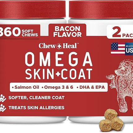 Best Itchy Skin Relief for Dogs -360 Soft Chew Omega Treats for Skin and Coat -Salmon Oil Blend of Fatty Acids, Omega 3, 6, Vitamins, Antioxidants -Made in USA (2 Packs of 180, Bacon Flavor)
