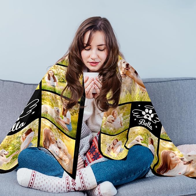 Personalized Pet Memorial Throw Blanket with Photo-Pet Memorial Gifts for Dogs Cats Loss of Dog Sympathy Gift Bereavement Remembrance Passing Away Gifts (8-Photo)