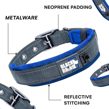 Black Rhino Dog Collar for Large Dogs - Adjustable Reflective Heavy Duty Dog Collar with Ultra-Soft Neoprene Padding - Weatherproof, Durable, and Comfortable for Active Dogs - Sport Blue and Black
