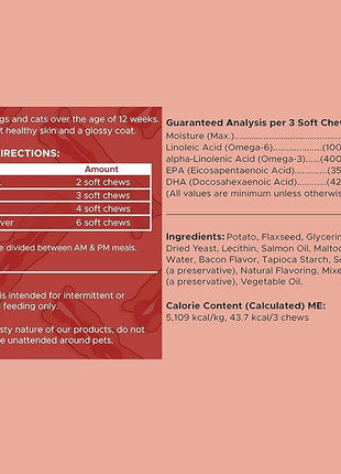 Omega for Dogs - 180 Delicious Soft Chews - Salmon Oil Treats for Skin and Coat, Itch Relief - Fish Oil Blend of Essential Fatty Acids, Omega 3, 6, and 9, and Vitamins - Smoked Bacon Flavor