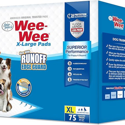 Four Paws Wee-Wee Superior Performance Pee Pads for Dogs with Runoff Barrier Edge Guard Protection, Puppy & Dog Potty Training Pads, Housebreaking Supplies, 28" x 34" (75 Count)