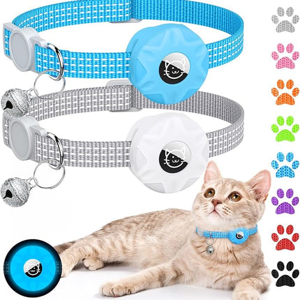 Apple AirTag Cat Collar, GPS Tracker with Reflective Breakaway Design, Lightweight Kitten Collar with Bell (Gray/Luminous Blue)