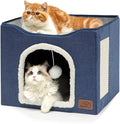 Bedsure Cat Beds for Indoor Cats - Large Cat Cave for Pet Cat House with Fluffy Ball Hanging and Scratch Pad, Foldable Cat Hideaway, 16.5x16.5x13 inches, Blue