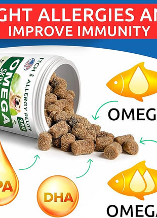 Omega 3 for Dogs and Cats - 180 Fish Oil Treats for Dog Shedding, Skin Allergy, Itch Relief, Hot Spots Treatment - Joint Health - Skin and Coat Supplement - EPA & DHA Fatty Acids - Salmon Oil - Bacon