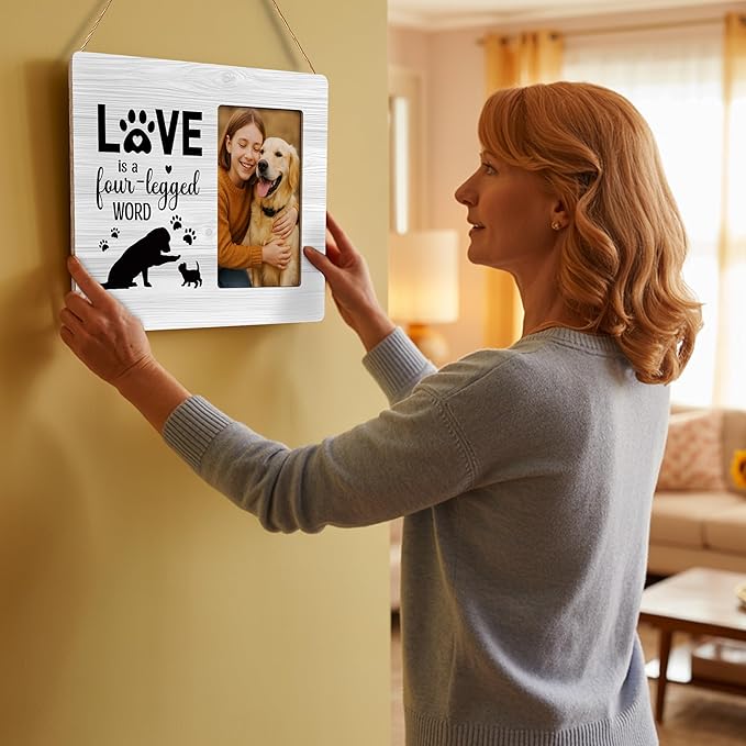 Pet Lover Gifts Picture Frame, Paw Print Photo Frame for Cat Dog, Pet Memorial Gift, Love is a Four-legged Word Frames Fits 4x6 Photo