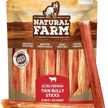 Natural Farm Thin Bully Sticks (6 Inch, 25 Pack), Natural Dog Dental Treats, Grain-Free, Preservative-Free, Low-Fat, & Fully Digestible - Best for Small, Senior or Light Chewers