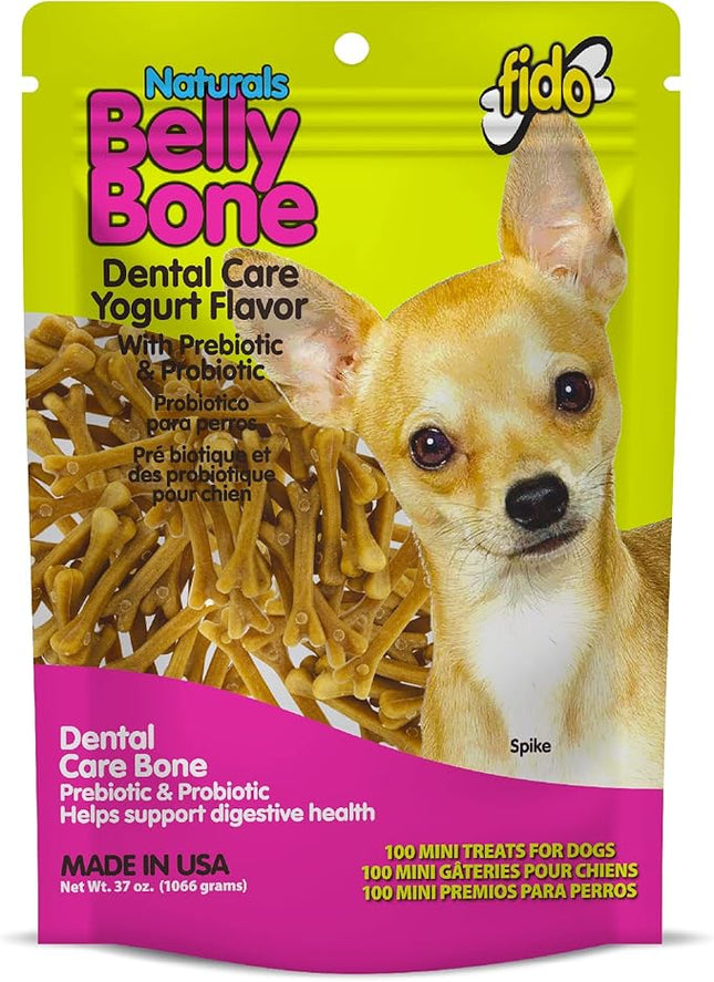 Fido - Belly Bones for Dogs, 100 Yogurt Flavor Mini Dog Dental Treats(100 Count) - Made in USA - For Extra Small Dogs - Plaque and Tartar Control for Fresh Breath, Digestive Health Support