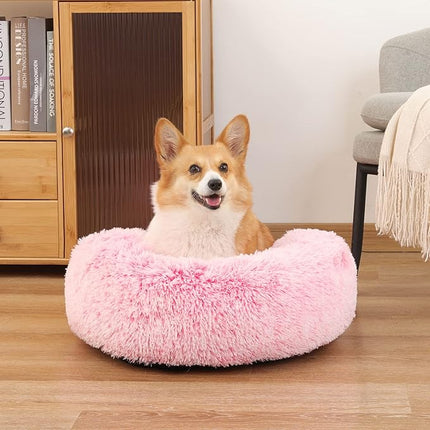 NOYAL Calming Donut Dog Bed for Small to Medium Dogs & Cats - Plush Faux Fur Anti-Anxiety Pet Bed with Machine Washable Cover & Non-Slip Base