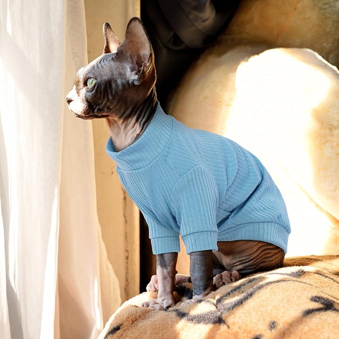 PUMYPOREITY Cat Clothes, Stretchy Cat Shirt, Cat Sweater with Sleeves, Sphynx Cat Clothes, Soft Cat Shirts for Cats Only, Pullover Cat Pajama for Sphynx Hairless Cat, Devon Rex, Blue, S