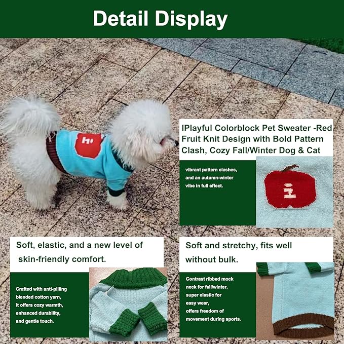 FluffgineerFall/Winter Dog & Cat Sweater - Cozy Knit Pullover for Small Pets, Light Blue with Red Apple Print, Warm & Breathable for Indoors/Outdoors, Anti-Shedding, Soft Yarn (XS/S/M/L/XL) (Large)
