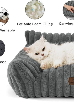 Bedsure Cute Cat Couch for Pets - Fluffy Small Dog Sofa with Premium Soft Corduroy Fleece, Pet Sofa with Removable Washable Cover, Supportive Dog Couch Bed for Small Medium Dogs, 30inch, Warm Grey