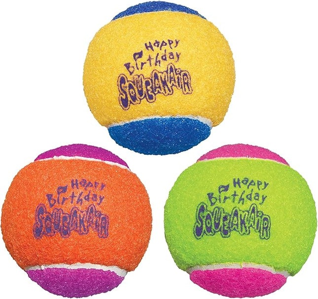 KONG - SqueakAir Birthday Balls (3 Pack) – Durable Non-Abrasive Fetch Toy with Built-in Squeaker, Assorted Colors (2 Packs)