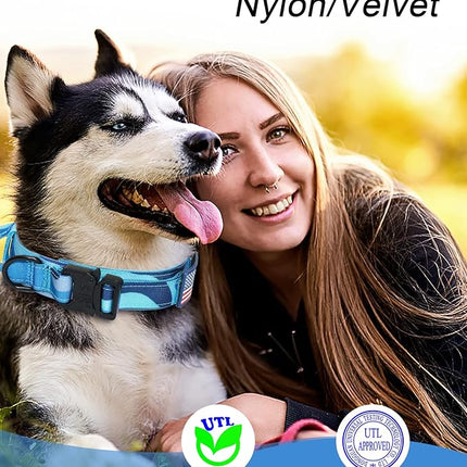 Hotsky Tactical Dog Collar, Adjustable Military Training Nylon Airtag Collar with Handle and Heavy Duty Metal Buckle for Medium Large Dogs, with Airtag Holder and Two Patches（Blue Camo,XL）