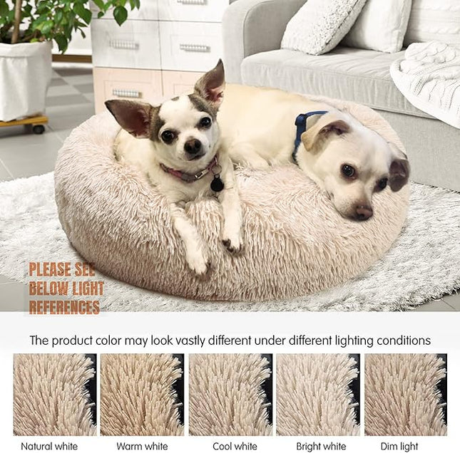 Calming Dog Bed for Small to Large Dogs - Anti-Anxiety, Machine Washable, Warming & Cozy, Soft Round Bed - Fits up to 10-100 lbs (Medium, Beige)