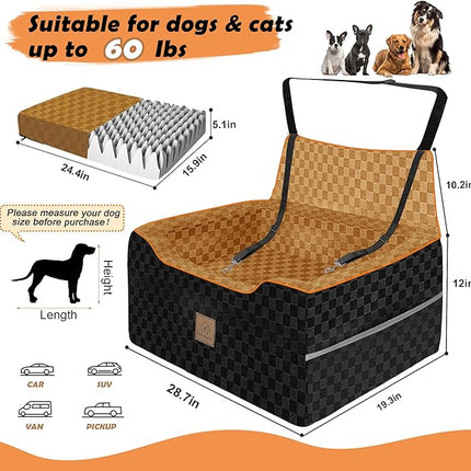 Large Dog Car Seat for Back Seat – Removable Dog Booster Seat & Washable Pet Car Seat for Medium & 2 Small Dogs up to 60lbs – Safety Straps & Storage Pocket – Travel & Home Use (Black/Brown)